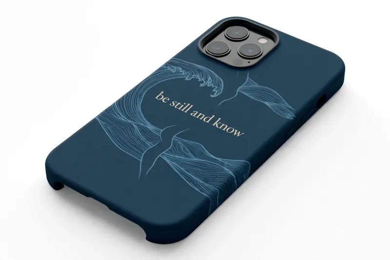Navy phone case with line-art waves and “be still and know”