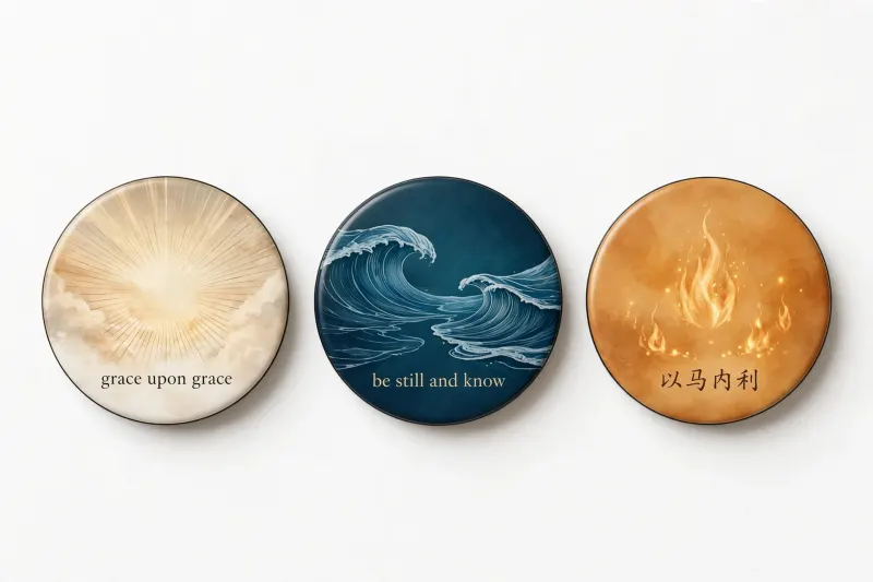 三枚圆形冰箱贴：grace upon grace、be still and know、以马内利